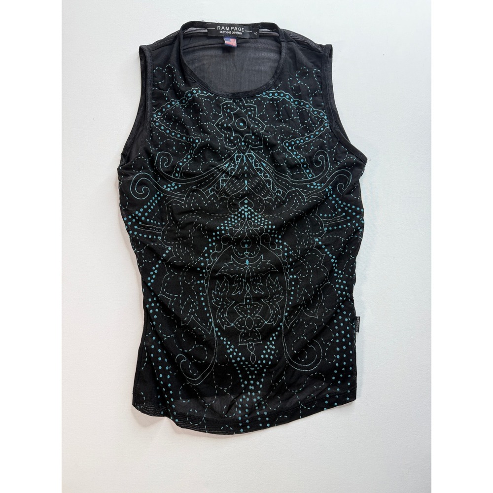 Y2K Vintage Rampage Mesh Tank Top Women's Small Black Blue Floral Dot Sleeveless
